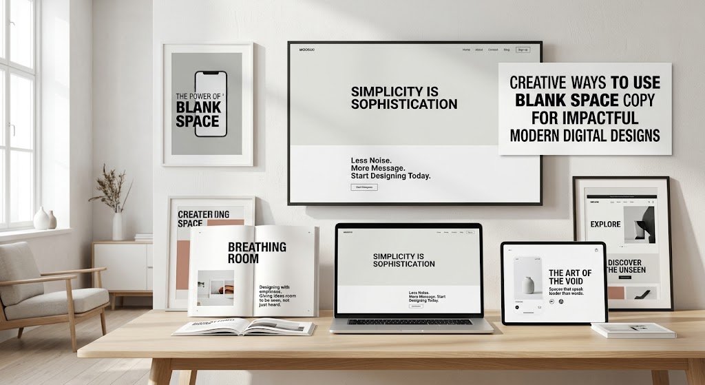 A modern digital design portfolio showcasing creative use of negative space and blank space copy. Multiple website and app mockups on screens, each with lots of white space, bold typography, and minimal text that makes impact. Clean layouts, grid systems, and text placed strategically in empty areas. Bright studio background, soft shadows, Scandinavian minimalist aesthetic Creative Ways to Use Blank Space Copy for Impactful Modern Digital Designs